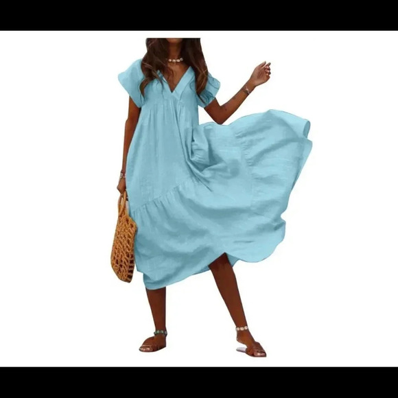 Zanzea Dresses & Skirts - Zanzea Loose Long Dress Womens V-neck Short Sleeve Solid Casual Maxi Dresses.
